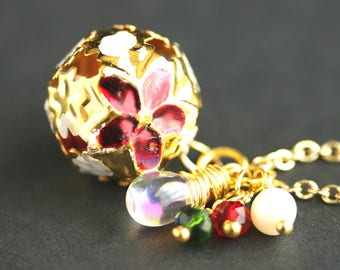 Holiday Bell Necklace. Christmas Necklace in Red and Green. Gold Bell Necklace. Holiday Necklace. Poinsettia Necklace. Handmade Jewelry.