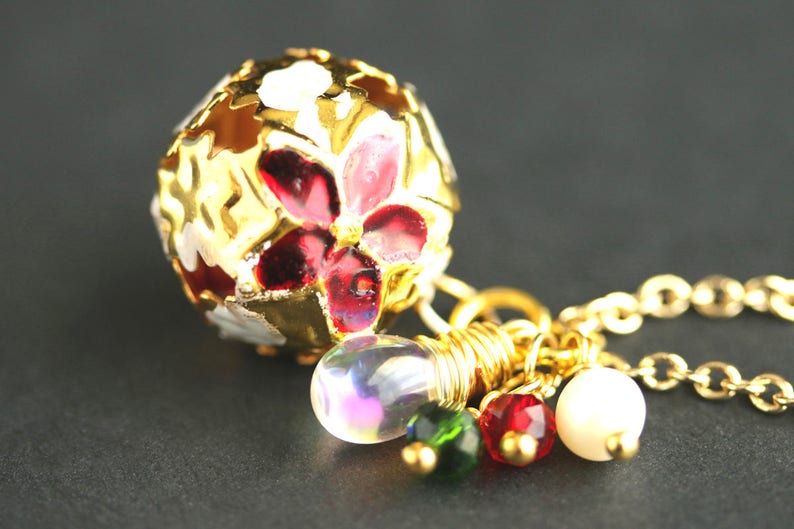 Holiday Bell Necklace. Christmas Necklace in Red and Green. Gold Bell Necklace. Holiday Necklace. Poinsettia Necklace. Handmade Jewelry. image 1