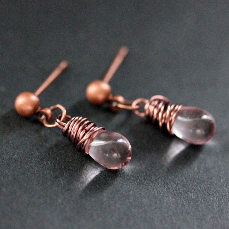 COPPER Earrings Pink Teardrop Earrings. Stud Earrings. Dangle Earrings. Post Earrings. Handmade Jewelry. image 3