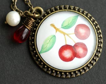 Red Cherry Necklace. Cherry Pendant with Red Teardrop and White Pearl. Cherries Necklace. Bunch of Cherries Pendant. Bronze Necklace.