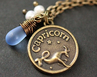 Capricorn Necklace. Zodiac Necklace. Sun Sign Charm Necklace with Glass Teardrop and Pearls. Handmade Jewelry.