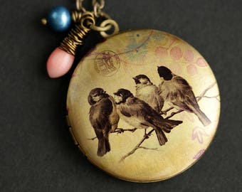 Bird Friends Locket Necklace. Bird Necklace with Pink Coral Teardrop and Dark Blue Fresh Water Pearl. Bronze Locket. Photo Locket.