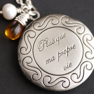 More Than My Own Life Locket. French Quote Stamped Locket Necklace with Glass Teardrop and Pearl Charm. Plus Que Ma Propre Vie Locket.
