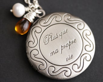 More Than My Own Life Locket. French Quote Stamped Locket Necklace with Glass Teardrop and Pearl Charm. Plus Que Ma Propre Vie Locket.