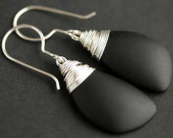 Black Seaglass Earrings. Black Earrings. Sea Glass Earrings. Wire Wrapped Wing Earrings. Handmade Jewelry.