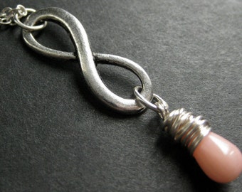 Silver Infinity Necklace. Pink Coral Necklace. Teardrop Necklace Wire Wrapped in Silver. Handmade Jewelry.