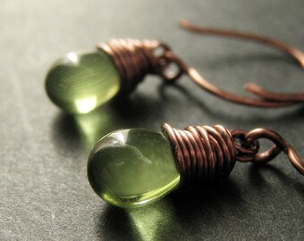 COPPER Earrings - Green Earrings, Teardrop Dangle Earrings, Wire Wrapped Handmade Earrings. Handmade Jewelry.