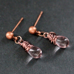 COPPER Earrings Pink Teardrop Earrings. Stud Earrings. Dangle Earrings. Post Earrings. Handmade Jewelry. image 4