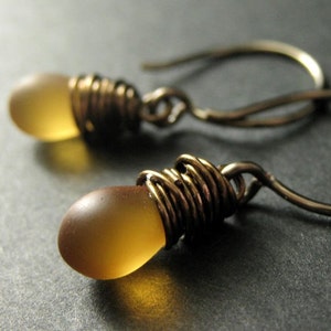 BRONZE Earrings Frosted Honey Drop Earrings, Wire Wrapped Teardrop Earrings. Handmade Jewelry. image 1