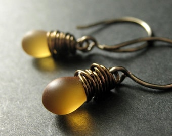 BRONZE Earrings - Frosted Honey Drop Earrings, Wire Wrapped Teardrop Earrings. Handmade Jewelry.