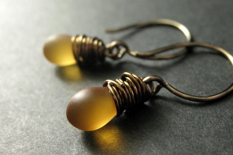 BRONZE Earrings Frosted Honey Drop Earrings, Wire Wrapped Teardrop Earrings. Handmade Jewelry. image 1