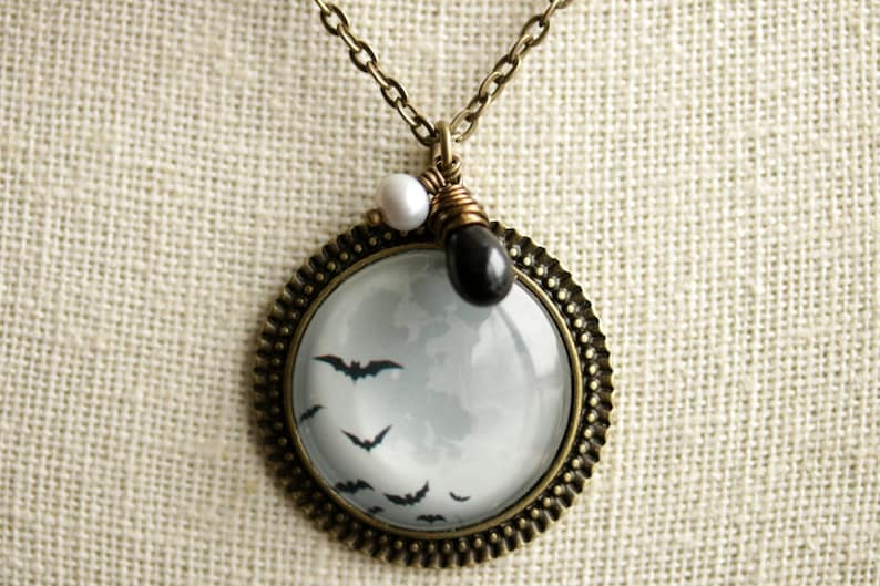 Halloween Bats Necklace with Black Teardrop and Gray Pearl Full Moon Necklace Bronze Necklace. Flying Bats Necklace Halloween Necklace