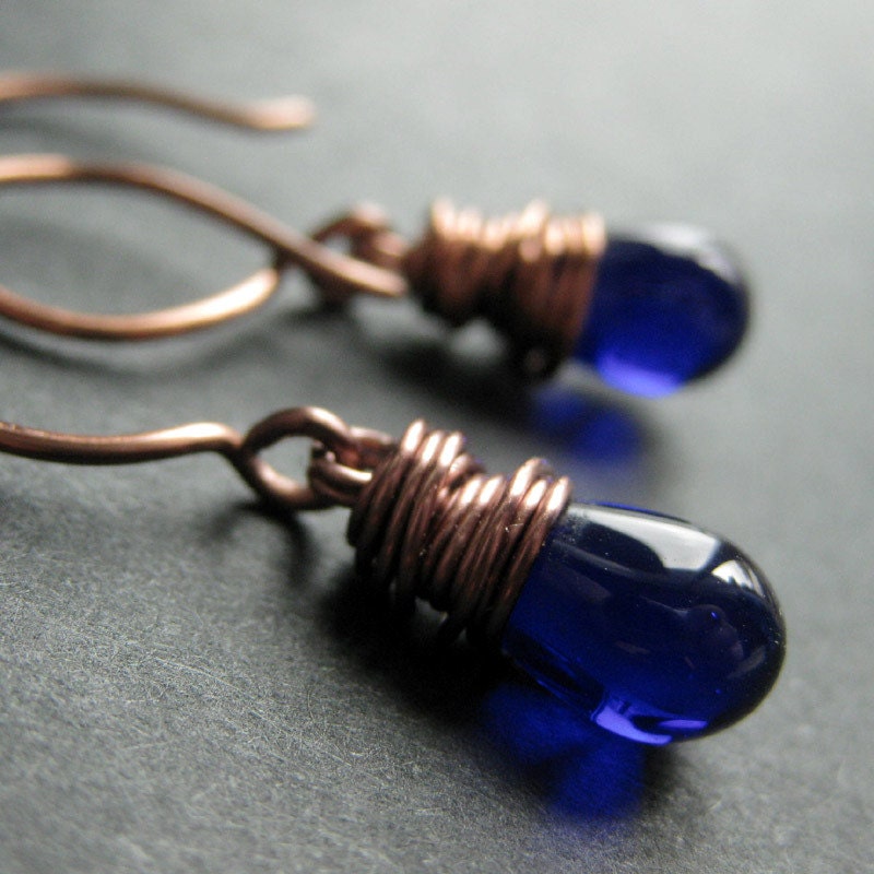 COPPER Earrings Cobalt Blue Earrings in Copper Wire Wrapped Etsy