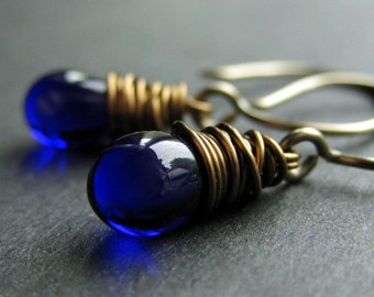 BRONZE Earrings - Cobalt Blue Earrings, Wire Wrapped Teardrop Earrings. Handmade Jewelry.