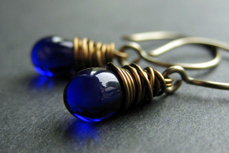 BRONZE Earrings - Cobalt Blue Earrings, Wire Wrapped Teardrop Earrings. Handmade Jewelry.