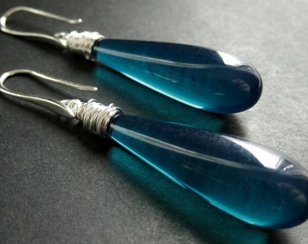 Teal Earrings. Long Earrings. Extra Long Teardrop Earrings Wire Wrapped in Silver. Handmade Jewelry.