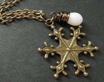 Snowflake Necklace. Bronze Snowflake Pendant with Wire Wrapped White Coral Teardrop. Handmade Jewelry.