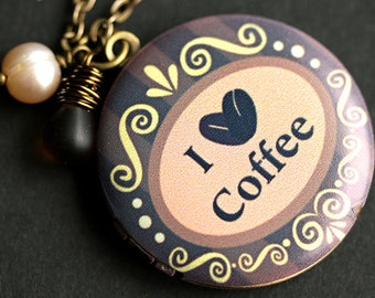 Love Coffee Locket Necklace. Coffee Necklace with Frosted Brown Teardrop and Fresh Water Pearl Charm. Coffee Lover Necklace. Bronze Locket.