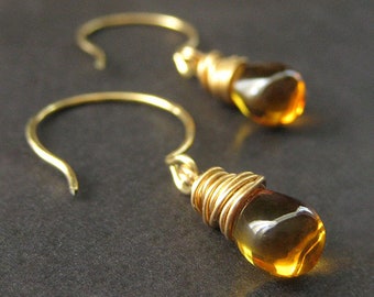 Wire Wrapped Earrings - Golden Honey Teardrop Earrings in Gold. Handmade Jewelry.