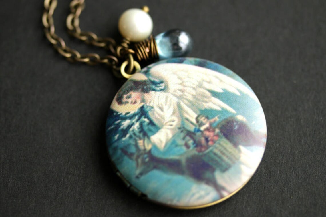 Vintage Angel Locket Necklace. Angel Necklace With Cadet Blue Etsy
