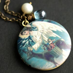 Vintage Angel Locket Necklace. Angel Necklace with Cadet Blue Teardrop and Fresh Water Pearl Charm. Bronze Locket. Handmade Jewelry.