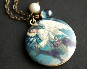 Vintage Angel Locket Necklace. Angel Necklace with Cadet Blue Teardrop and Fresh Water Pearl Charm. Bronze Locket. Handmade Jewelry.