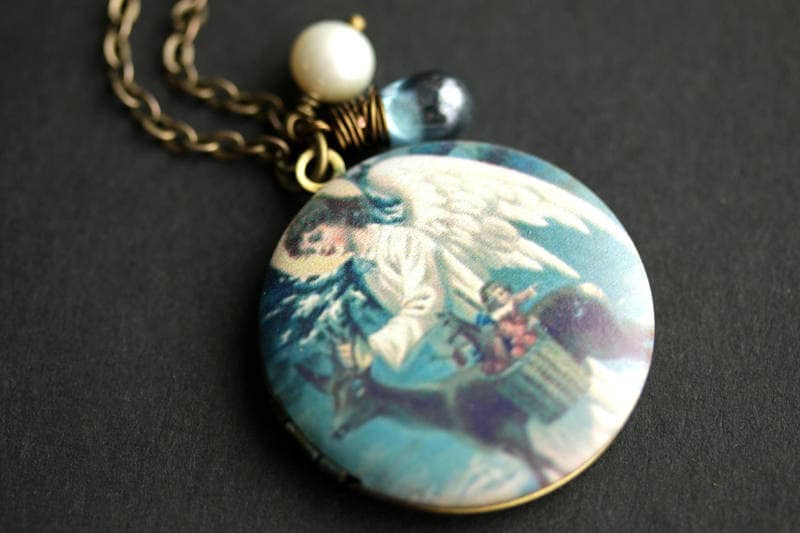 Vintage Angel Locket Necklace. Angel Necklace with Cadet Blue Teardrop and Fresh Water Pearl Charm. Bronze Locket. Handmade Jewelry.