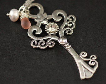 Large Key Necklace. Filigree Key Charm Necklace in Silver with Glass Teardrop and Fresh Water Pearl. Silver Key Necklace. Handmade Necklace.