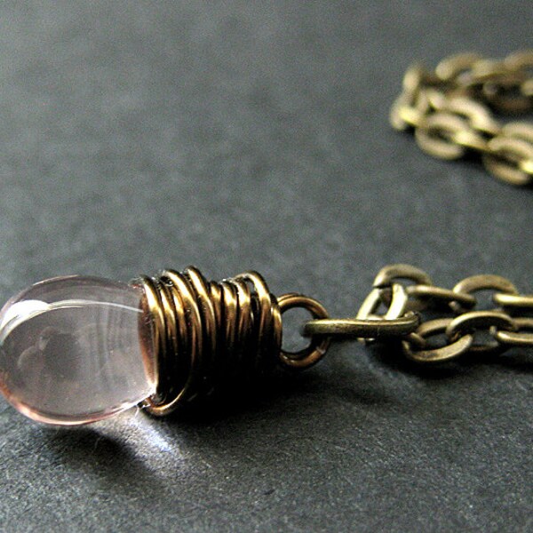 Teardrop Necklace. Pink Teardrop Necklace in Bronze. Bridesmaid Necklace. Handmade Jewelry.