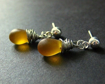 Drop Earrings in Frosted Honey - Silver Stud Earrings with Wire Wrapped Clouded Glass Teardrops. Handmade Jewelry.