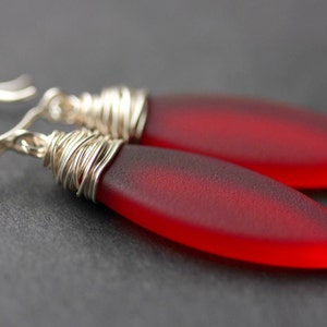 Red Seaglass Earrings. Seaglass Dangle Earrings. Marquis Style Frosted Earrings. Wire Wrapped Earrings. Handmade Jewelry. image 2