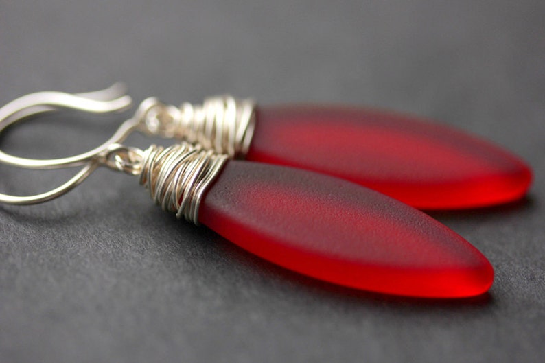 Red Seaglass Earrings. Seaglass Dangle Earrings. Marquis Style Frosted Earrings. Wire Wrapped Earrings. Handmade Jewelry. image 2