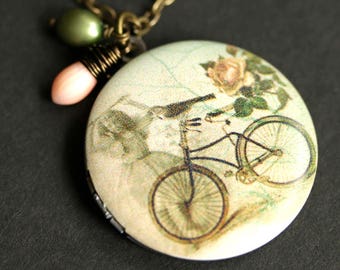 Bird Bicycle Locket Necklace. Bike Necklace. Bird Necklace with Pink Coral Teardrop and Fresh Water Pearl. Bicycle Necklace. Bronze Locket.
