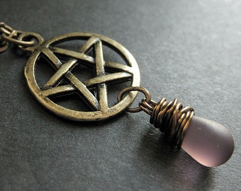 Wicca Necklace. Frosted Purple Teardrop Pendant Necklace. Bronze Pentacle Necklace. Handmade Jewelry.