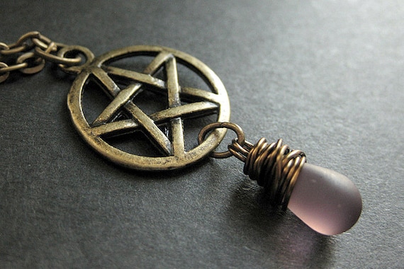 Wicca Necklace. Frosted Purple Teardrop Pendant Necklace. Bronze Pentacle Necklace. Handmade Jewelry.