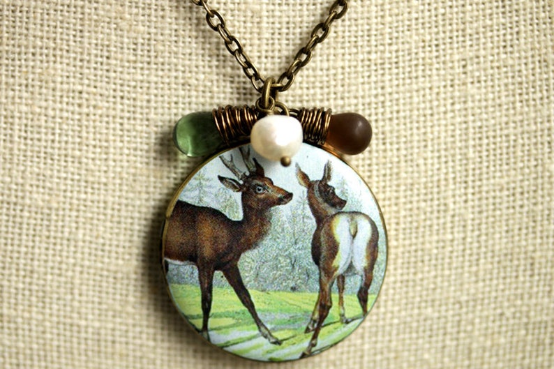 Photo Locket. Bronze Necklace Brown Deer Locket Necklace with Glass Teardrops and Fresh Water Pearl Forest Wildlife Necklace