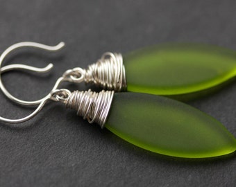 Olive Seaglass Earrings. Green Seaglass Dangle Earrings. Marquis Style Frosted Earrings. Wire Wrapped Earrings. Handmade Jewelry.