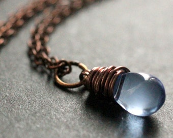 Wire Wrapped Teardrop Necklace. Blue Necklace. Copper Necklace. Bridesmaid Jewelry. Handmade Jewellery.