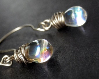 STERLING SILVER Wire Wrapped Earrings - Iridescent Clear Teardrop Sterling Earrings. Handmade Jewelry.