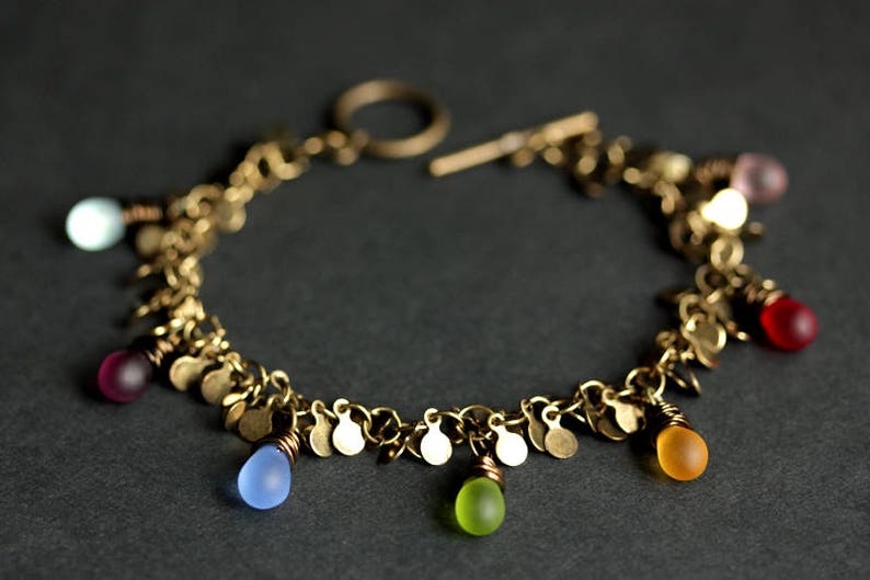 Handmade Jewelry. Cluster Bracelet Teardrop Bracelet Teardrop Charm Bracelet Bronze Bracelet Rainbow Bracelet