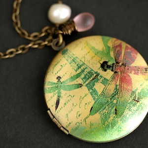 Dragonflies in Paris Necklace. Dragonfly Locket Necklace. Eiffel Tower Necklace with Pink Teardrop and White Pearl Charm. Bronze Locket.