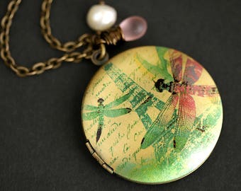 Dragonflies in Paris Necklace. Dragonfly Locket Necklace. Eiffel Tower Necklace with Pink Teardrop and White Pearl Charm. Bronze Locket.