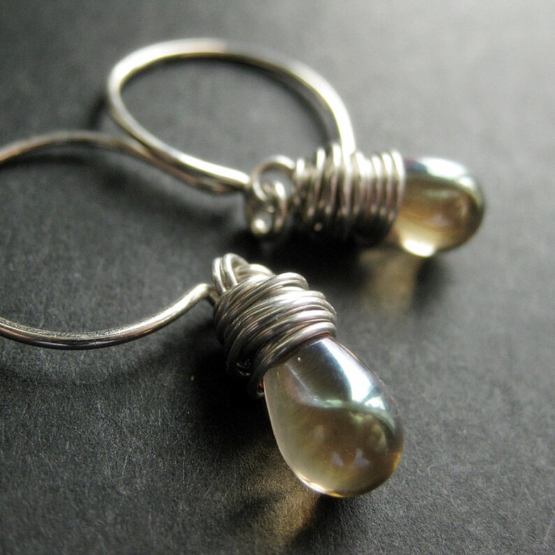 Dangle Earrings: Wire Wrapped Earrings in Champagne Shimmer and Silver. Drop Earrings. Handmade Jewelry. image 3