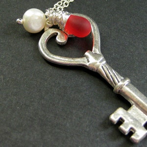 Key Necklace. Charm Necklace in Silver with Red Teardrop and Fresh Water Pearl. Handmade Necklace.