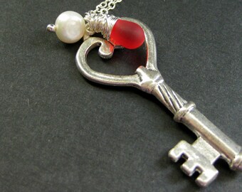 Key Necklace. Charm Necklace in Silver with Red Teardrop and Fresh Water Pearl. Handmade Necklace.
