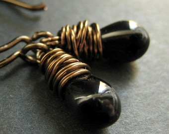 BRONZE Earrings - Black Earrings, Wire Wrapped Earrings. Teardrop Earrings. Handmade Jewelry.