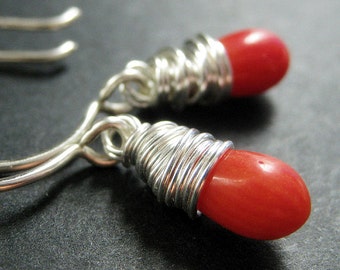 STERLING SILVER Earrings - Orange Coral Earrings. Teardrop Earrings. Wire Wrapped Handmade Jewelry.