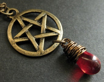 Bronze Pentacle Necklace. Teardrop Pendant Necklace. Pagan Jewelry. Red Necklace. Handmade Jewelry.