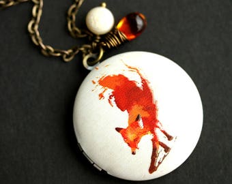Fox Locket Necklace. Red Fox Necklace with Glass Teardrop and Fresh Water Pearl. Vixen Necklace. Bronze Locket. Handmade Jewelry.