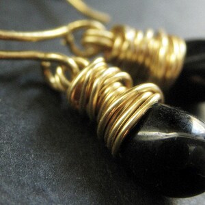 Black Earrings Black Teardrop Earrings Wire Wrapped in Gold. Handmade Jewelry. image 1